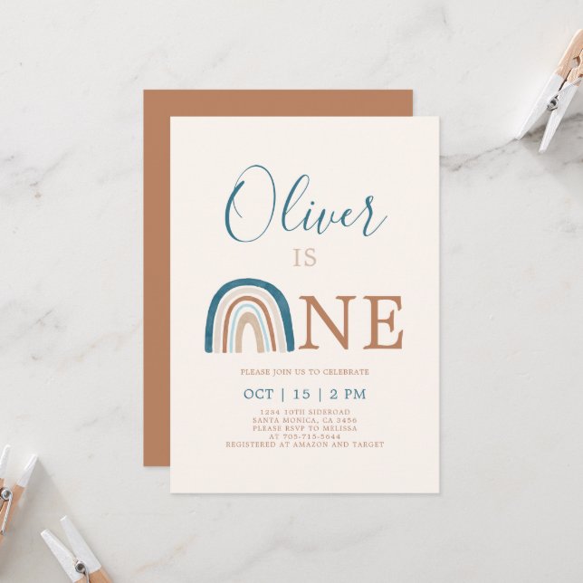 Rainbow 1st Birthday Boy Invitation (Front/Back In Situ)