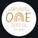 Rainbow 1st Birthday Girl Thank You  Classic Round Sticker<br><div class="desc">Earthy rainbow theme is perfect for minimal and modern birthday party! Choose our pink neutral rainbow design for your kids 1st birthday party.
Rainbow 1st Birthday Girl Thank You Stickers</div>