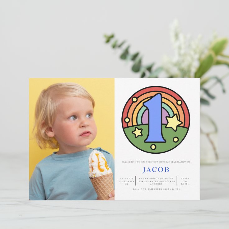 Rainbow 1st Birthday Party Photo Invitation | Zazzle