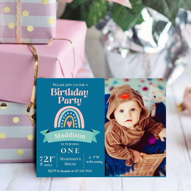 Rainbow 1st Kids Milestone Birthday Party Invite (Unicorn Rainbow Photo Birthday Party Invitation Postcard)