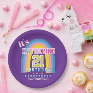 Rainbow 21st Birthday Purple Paper Plates