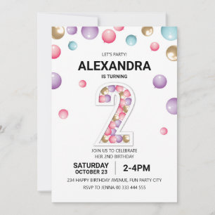 Rainbow 2nd Birthday Party, Pink Balloon Girl Invitation