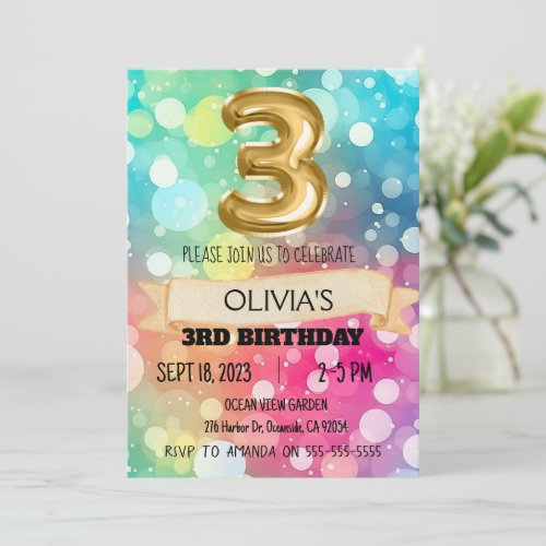 Rainbow 3 Year Old 3rd Birthday Party Girls Third Invitation