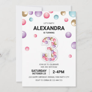 Rainbow 3rd Birthday Party, Pink Balloon Girl Invitation