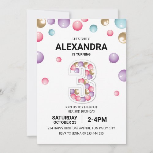 Rainbow 3rd Birthday Party Pink Balloon Girl Invitation