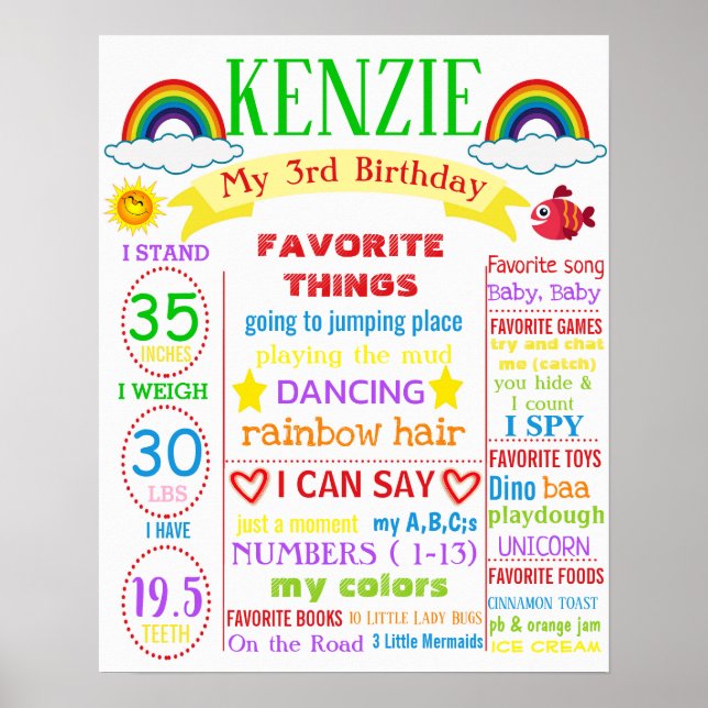 Rainbow 3rd Birthday poster board sign girl boy (Front)