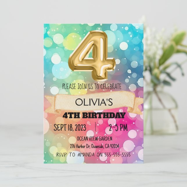 Rainbow 4 Year Old 4th Birthday Party Girls Four  Invitation (Standing Front)
