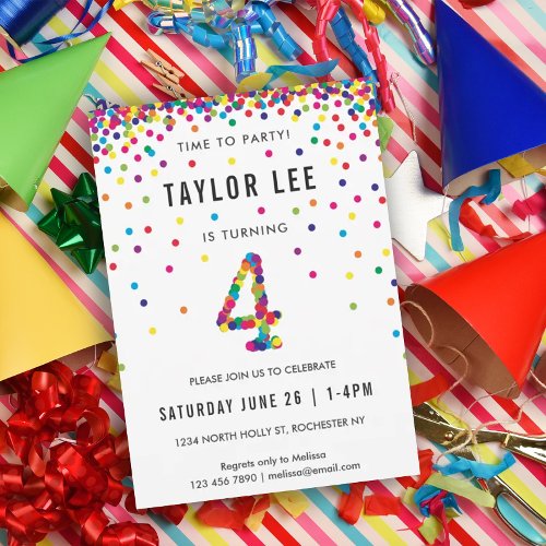 Rainbow 4 Year Old Birthday Party 4th Bday Invitation