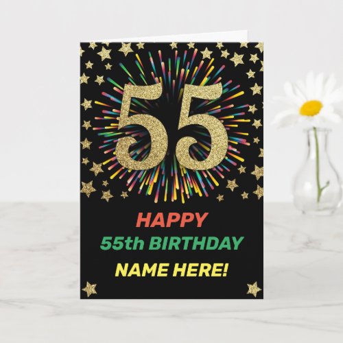 Rainbow 55th Birthday Firework Gold Happy Birthday Card