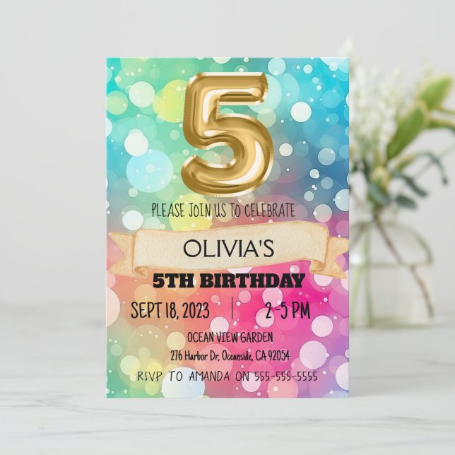 Rainbow 5 Year Old 5th Birthday Party Girls Five Invitation (Standing Front)