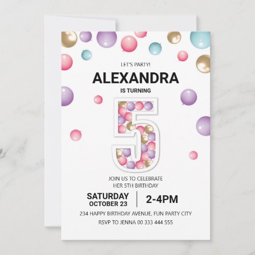 Rainbow 5th Birthday Party Pink Balloon Girl Invitation