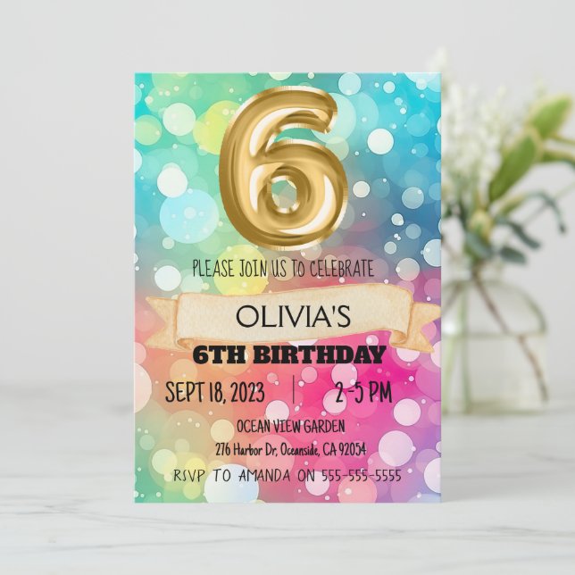 Rainbow 6 Year Old 6th Birthday Party Girls Six Invitation (Standing Front)