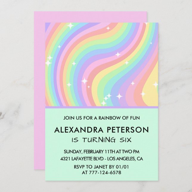 Rainbow 6th birthday invitations Pastel  (Front/Back)