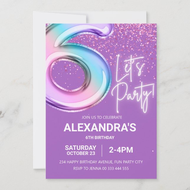Rainbow 6th Birthday Party Girl Foil Balloon Neon  Invitation (Front)