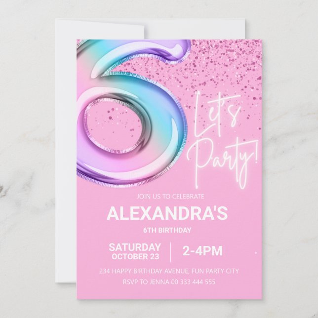 Rainbow 6th Birthday Party Girl Foil Balloon Neon  Invitation (Front)