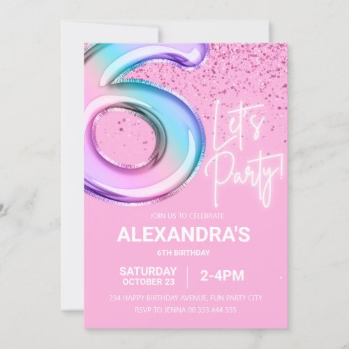 Rainbow 6th Birthday Party Girl Foil Balloon Neon  Invitation