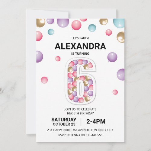 Rainbow 6th Birthday Party Pink Balloon Girl Invitation