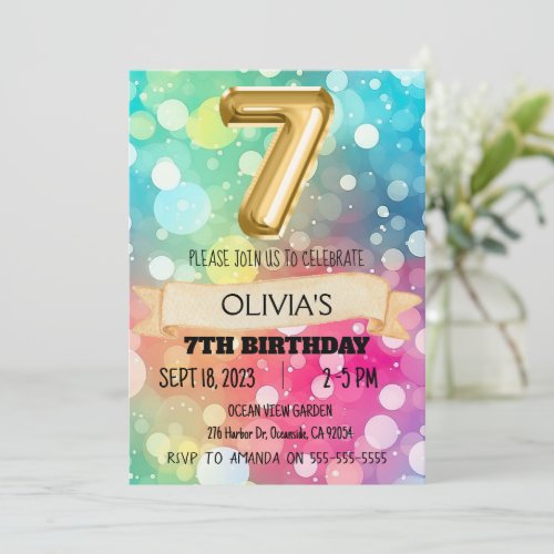 Rainbow 7 Year Old 7th Birthday Party Girls Seven Invitation