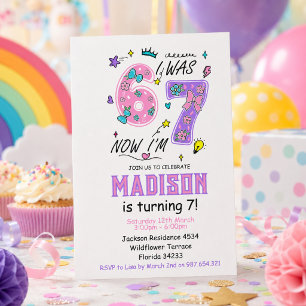 rainbow 7th Birthday “I Was 6, Now 7” Party Invitation