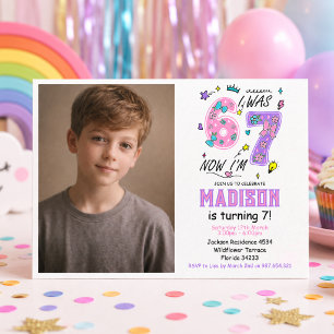 rainbow 7th Birthday “I Was 6, Now 7” Party Invitation