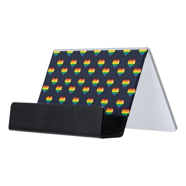Rainbow 8 Bit Heart Pattern Desk Business Card Holder (Angled Front)