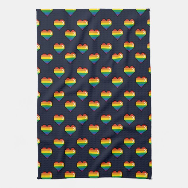 Rainbow 8 Bit Heart Pattern Kitchen Towel (Vertical)