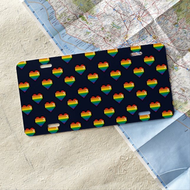 Rainbow 8 Bit Heart Pattern License Plate (In Situ)