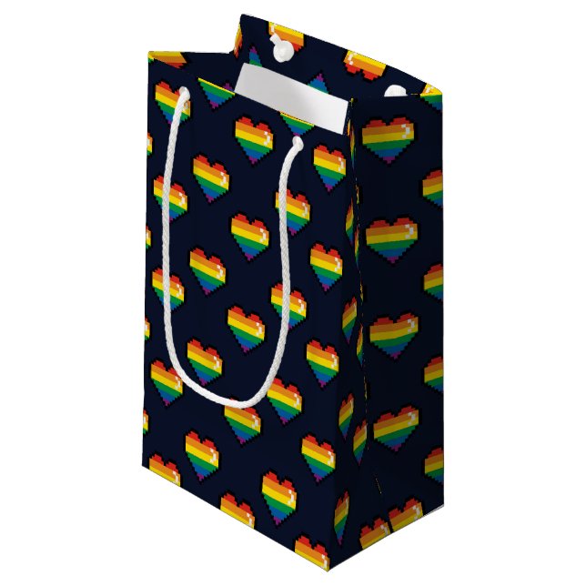 Rainbow 8 Bit Heart Pattern Small Gift Bag (Front Angled)