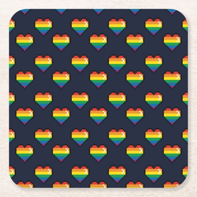 Rainbow 8 Bit Heart Pattern Square Paper Coaster (Front)