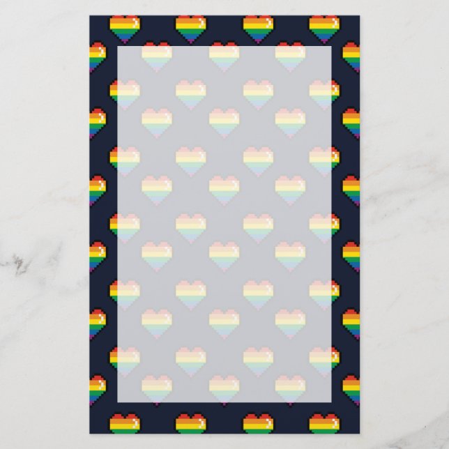 Rainbow 8 Bit Heart Pattern Stationery (Front)