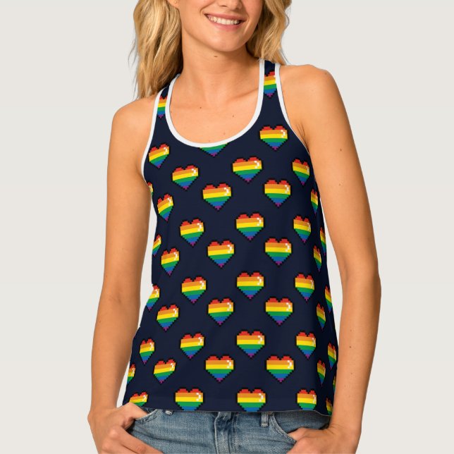 Rainbow 8 Bit Heart Pattern Tank Top (Front)