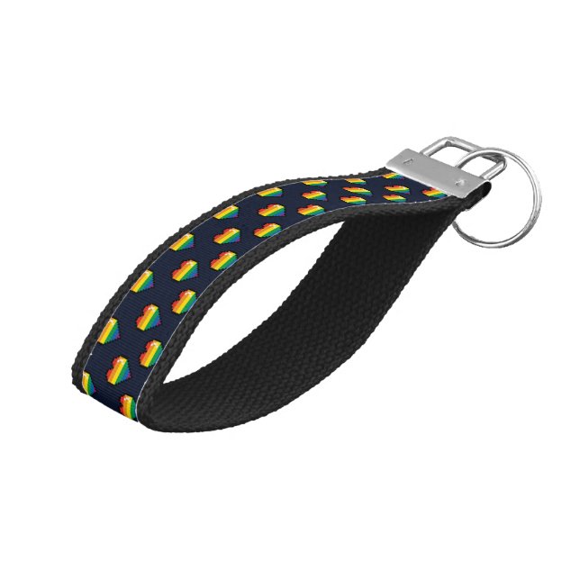 Rainbow 8 Bit Heart Pattern Wrist Keychain (Angled Up)