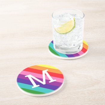 Rainbow 8 Stripe Gay Pride Custom Monogram Initial Coaster by RandomLife at Zazzle
