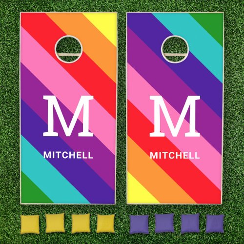 Rainbow 8 Stripe Gay Pride Custom Monogram Initial Cornhole Set