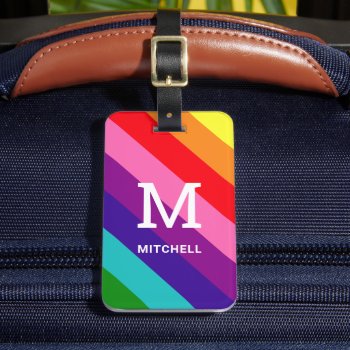 Rainbow 8 Stripe Gay Pride Custom Monogram Initial Luggage Tag by RandomLife at Zazzle