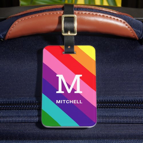 Rainbow 8 Stripe Gay Pride Custom Monogram Initial Luggage Tag