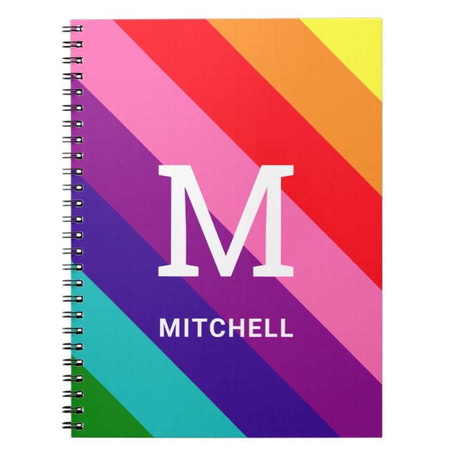 Rainbow 8 Stripe Monogram Name Pride Notebook (Front)