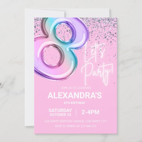 Rainbow 8th Birthday Party Girl Foil Balloon Neon  Invitation