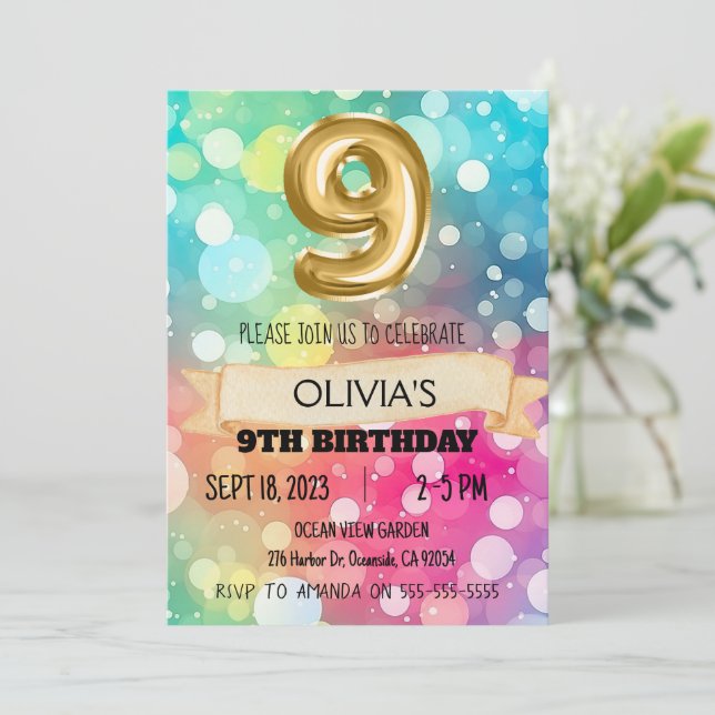 Rainbow 9 Year Old 9th Birthday Party Girls Nine Invitation (Standing Front)