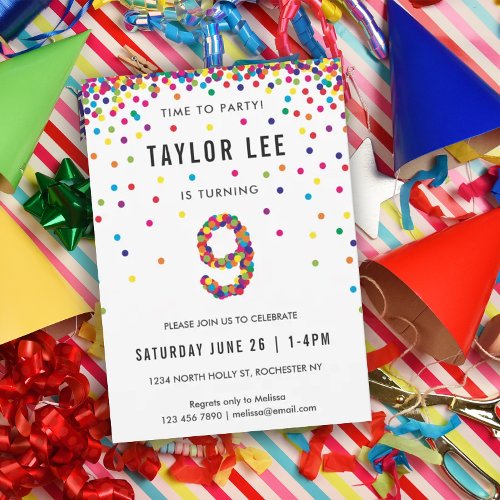 Rainbow 9 Year Old Birthday Party 9th Birthday Invitation