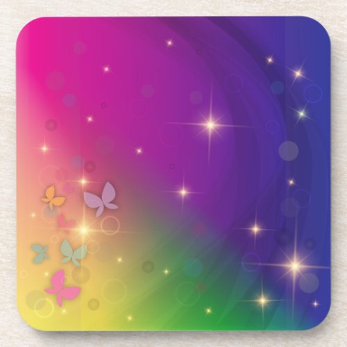Rainbow Abstract Fairy Lights Butterflies Sparkle  Beverage Coaster