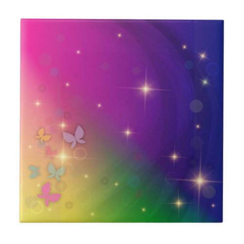 Rainbow Abstract Fairy Lights Butterflies Sparkle Ceramic Tile