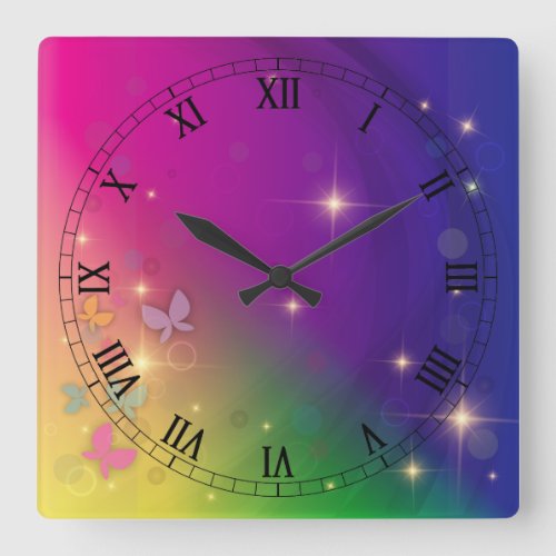 Rainbow Abstract Fairy Lights Butterflies Sparkle Square Wall Clock