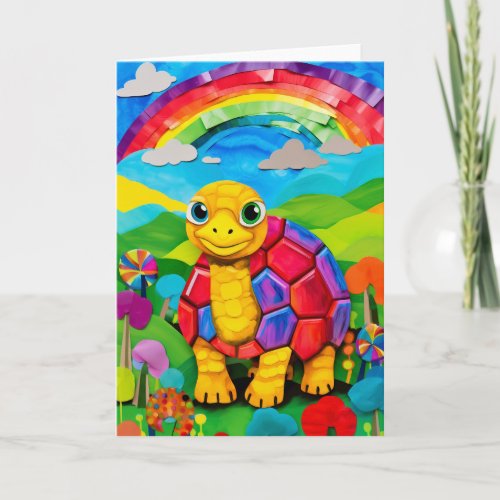 Rainbow Adventure Turtle Cute Kids Birthday Card