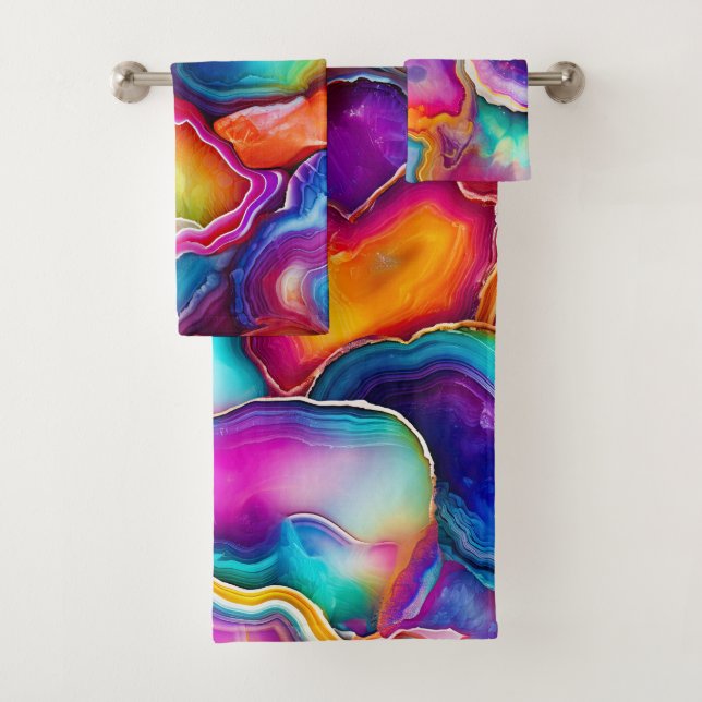 Rainbow Agate Colorful Abstract Geode Design Bath Towel Set (Insitu)