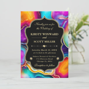 Rainbow Agate Geode with Black Frame Wedding Invitation