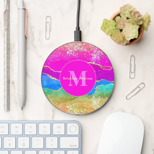 Rainbow Agate Gold and Glitter Monogram Wireless Charger