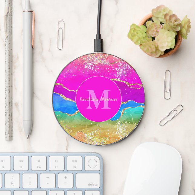 Rainbow Agate Gold and Glitter Monogram Wireless Charger (Desk)