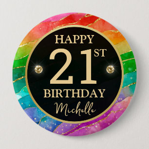 Rainbow Agate Gold Glitter Birthday Badge Button