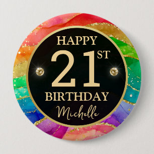 Rainbow Agate Gold Glitter Birthday Badge Button